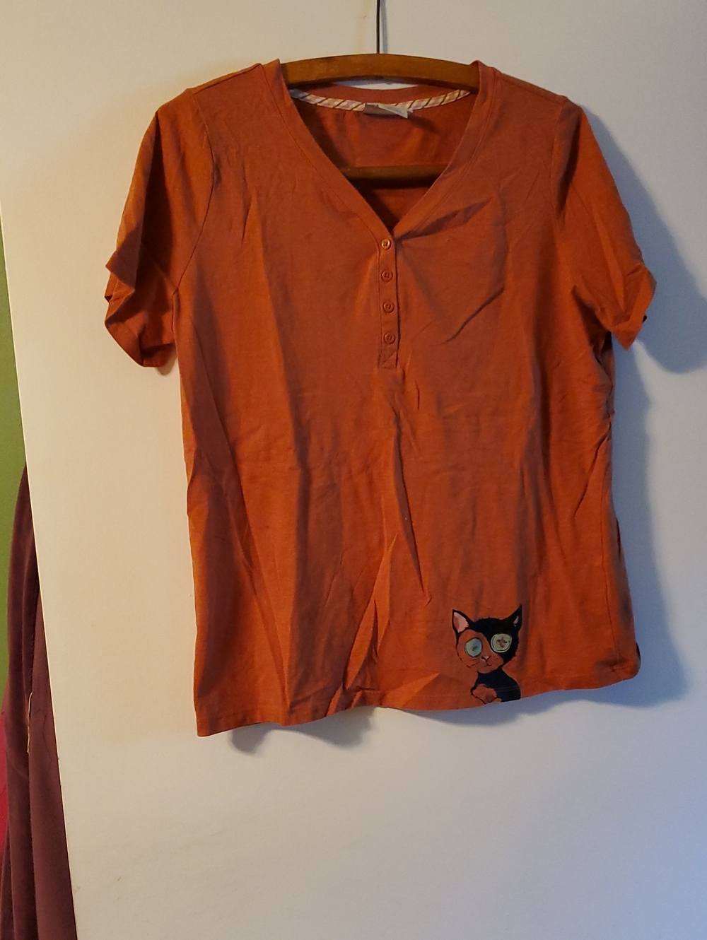 Deesse Size X Rust Orange V-Neck Short Sleeve Sleep Tee with Cat Patch Graphic